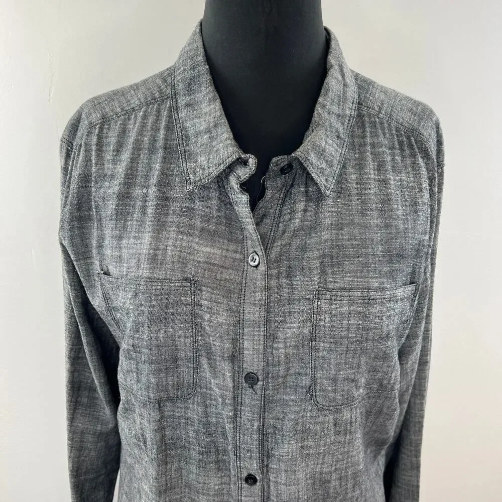 FREE PEOPLE Gray Cotton Long Sleeve Button Down Laser Cut Back Blouse Size L